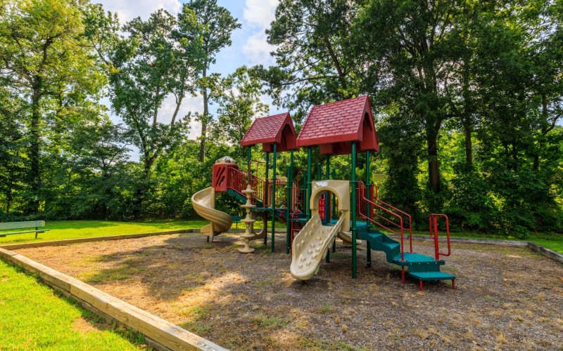 a playground with trees and grass