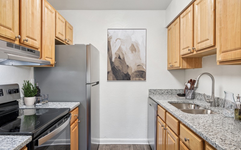 stainless steel appliances, wood cabinetry and granite countertops